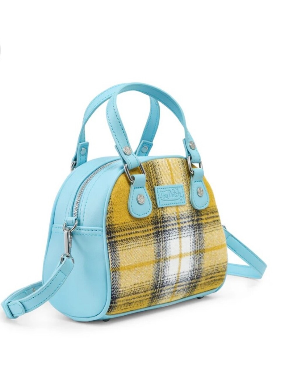 Von Dutch Yellow Plaid Mini Satchel with Sky Blue Trim - Picture 3 of 5